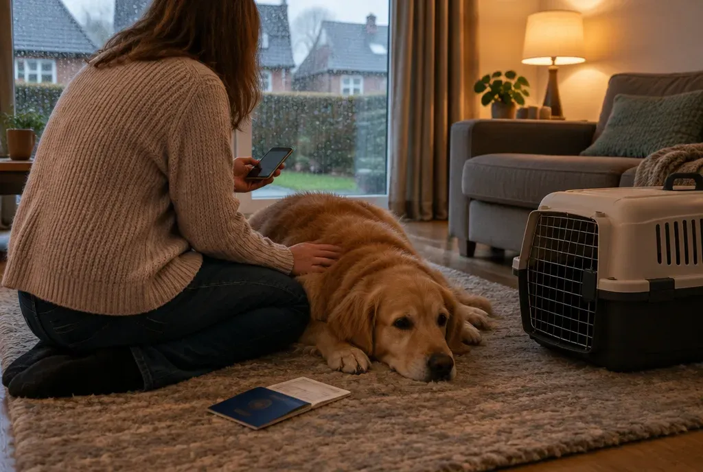 Een baasje zit met de telefoon in de hand naast een zieke hond in de woonkamer.